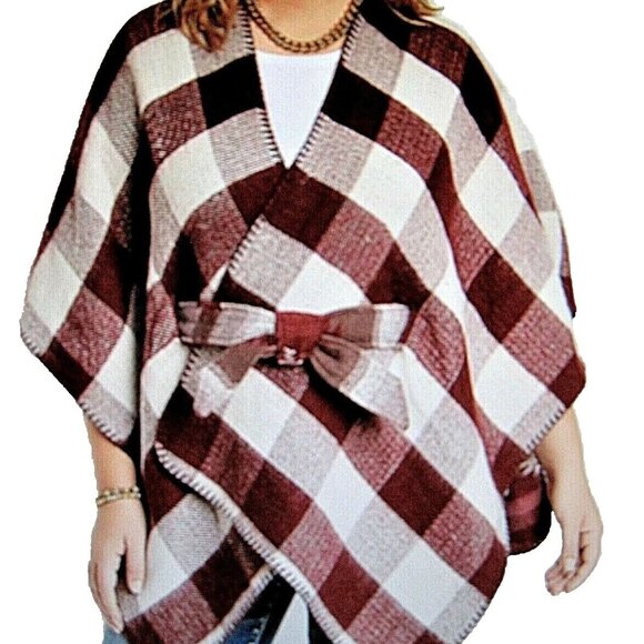 NWT Maurices Women's Wine Reversible Plaid Geo Print Tie Waist Ruana Shawl Ponch - Picture 2 of 8
